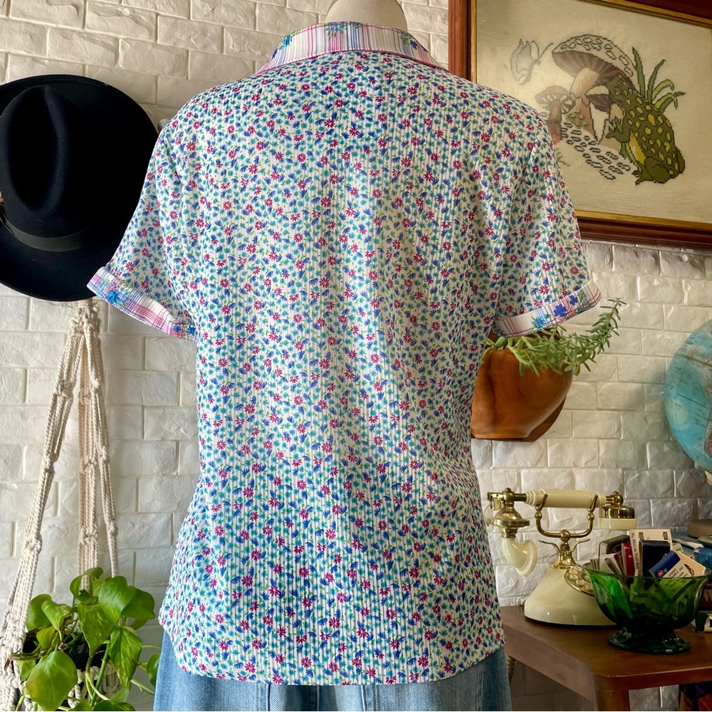 SOLD Vintage 1970s Sears Floral + Plaid Cottage Collared Shirt with Cuffed - Picture 8 of 14